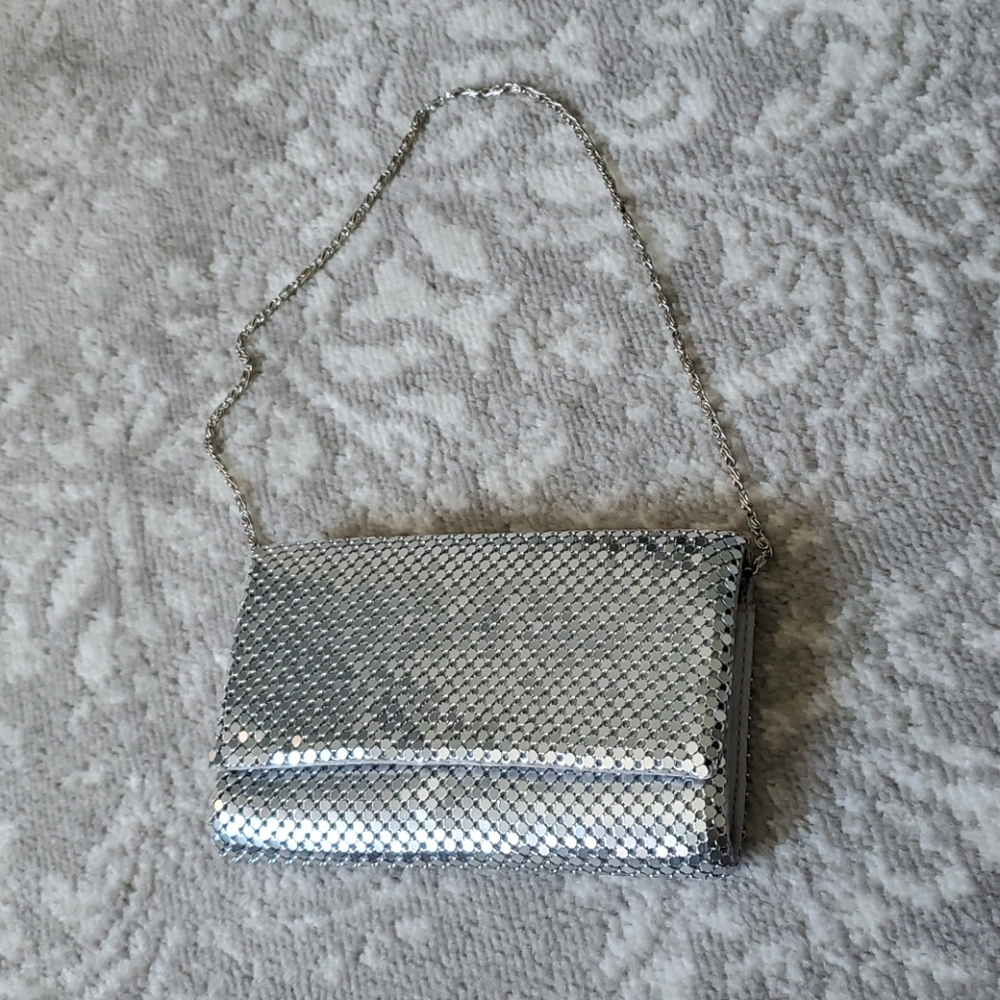 Jessica McClintock metal silver clutch evening bag